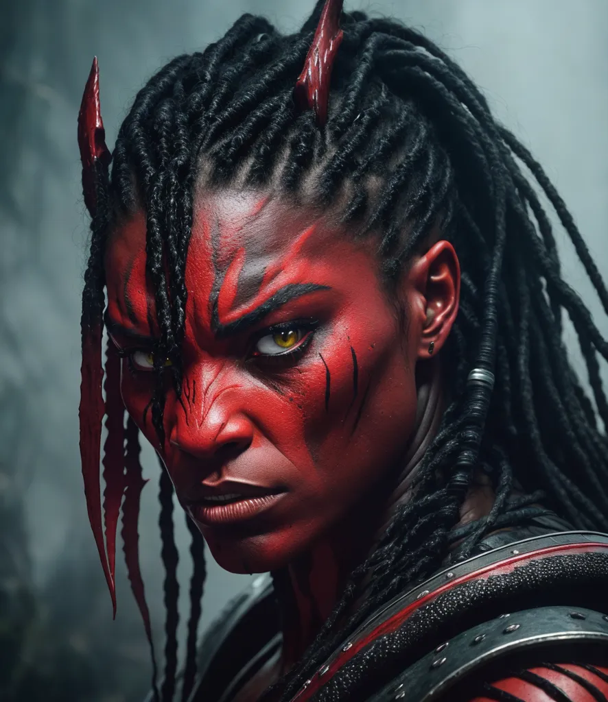 The image shows a red-skinned woman with black braided hair. She has yellow eyes and black horns. She is wearing a black and red outfit and has a determined expression on her face. She is standing in a dark, smoky background.