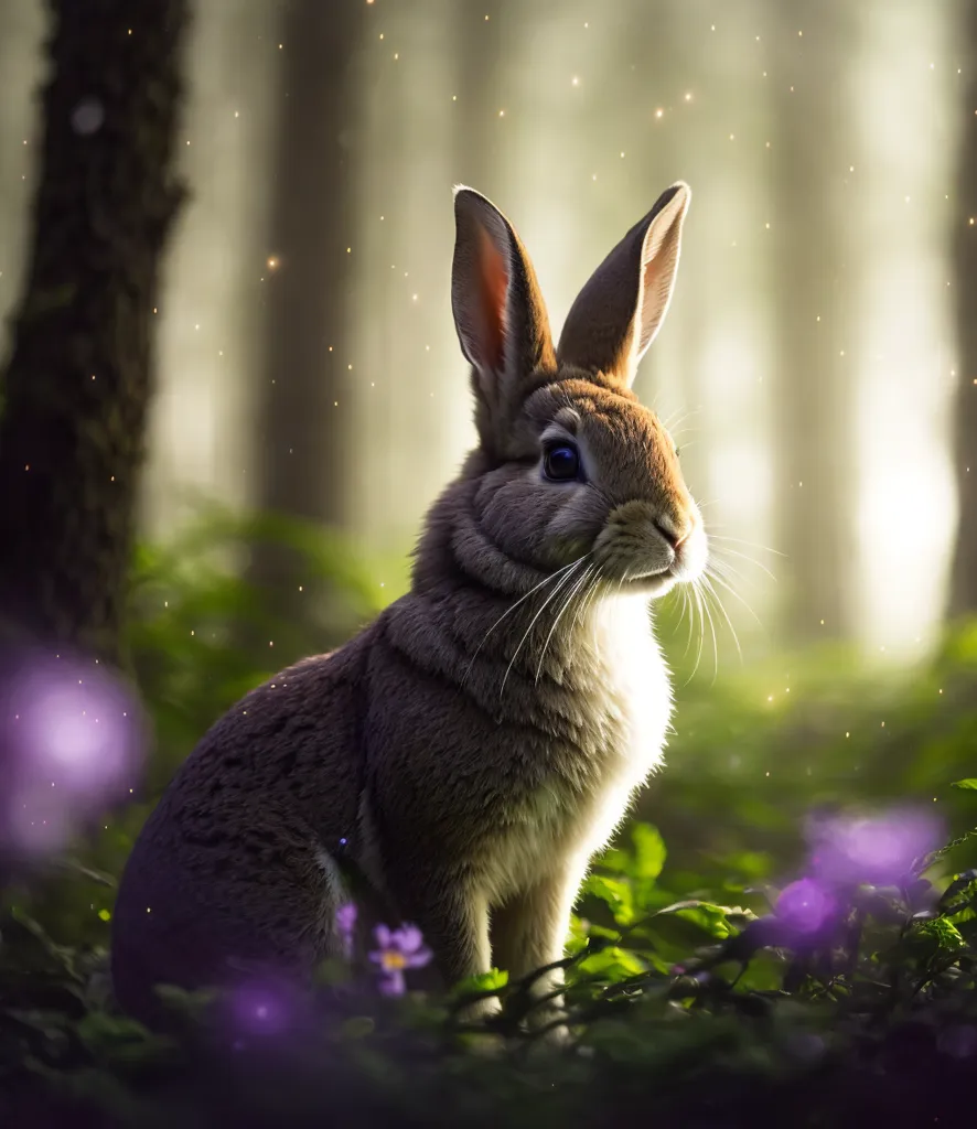 The image is a photo of a rabbit sitting in a forest. The rabbit is brown and white, with long ears and a fluffy tail. It is sitting on a bed of green grass and purple flowers. The forest is full of tall trees and green leaves. The sun is shining through the trees, creating a dappled pattern on the ground. There is a sense of peace and tranquility in the image.