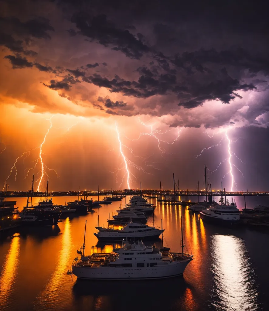 A imagem mostra uma marina com muitos barcos e iates atracados nos cais. Há um céu escuro e tempestuoso acima com muitos raios de relâmpago. Os relâmpagos são principalmente brancos, mas há alguns que são amarelos, laranja e vermelhos. Os barcos são iluminados pelos relâmpagos e a água reflete a luz. A imagem é muito dramática e captura o poder e a beleza da natureza.