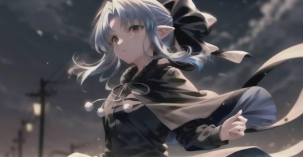 The picture shows a girl with long silver hair and red eyes. She is wearing a black cape with a white fur collar. There is a large black bow in her hair. She is standing in a dark place. There are some street lights in the background. It seems to be snowing.