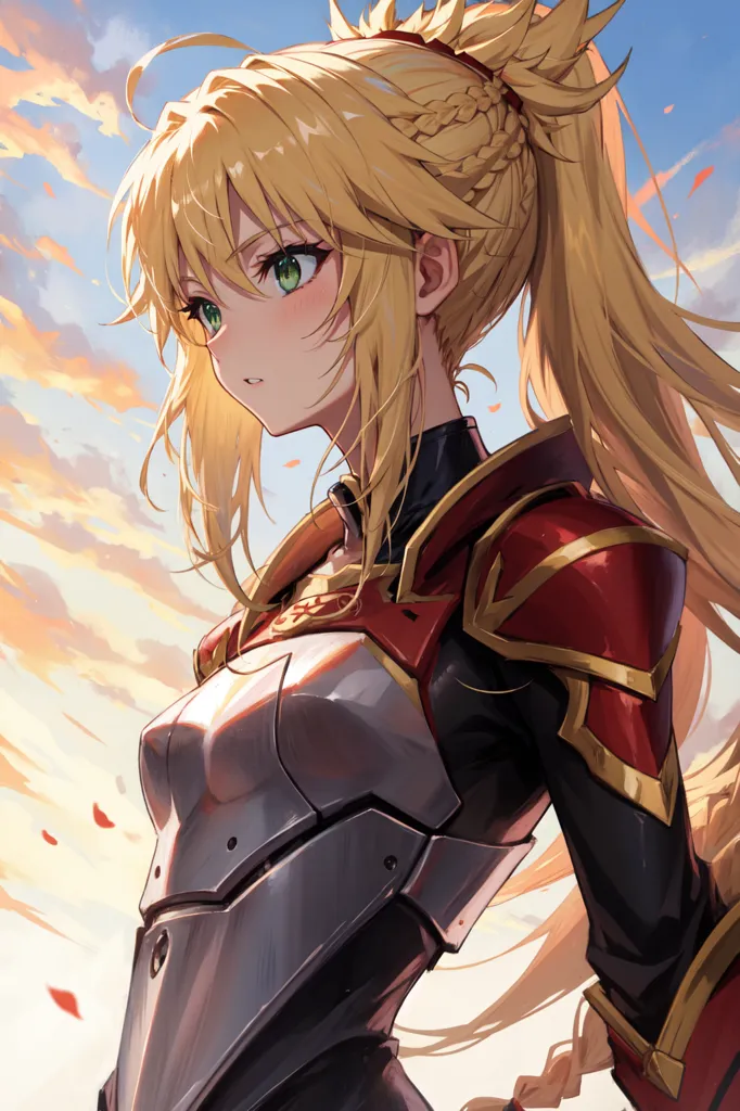 The image is of a young woman with long blonde hair and green eyes. She is wearing a red and gray bodysuit with a metal breastplate. The woman is standing in a field of flowers, and there is a large tree behind her. The sky is blue, and there are clouds in the distance. The woman is looking to the side with a serious expression on her face.