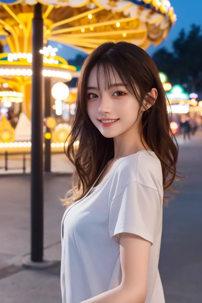 The image shows a young woman with long brown hair and brown eyes. She is wearing a white shirt and is standing in front of a carnival at night. The carnival is lit up with bright lights and there are people walking around. The woman is smiling and looking at the camera. She is wearing a white shirt and has her hair down. She is standing in front of a carousel. There are also other rides in the background. The image is very realistic and looks like a photograph.