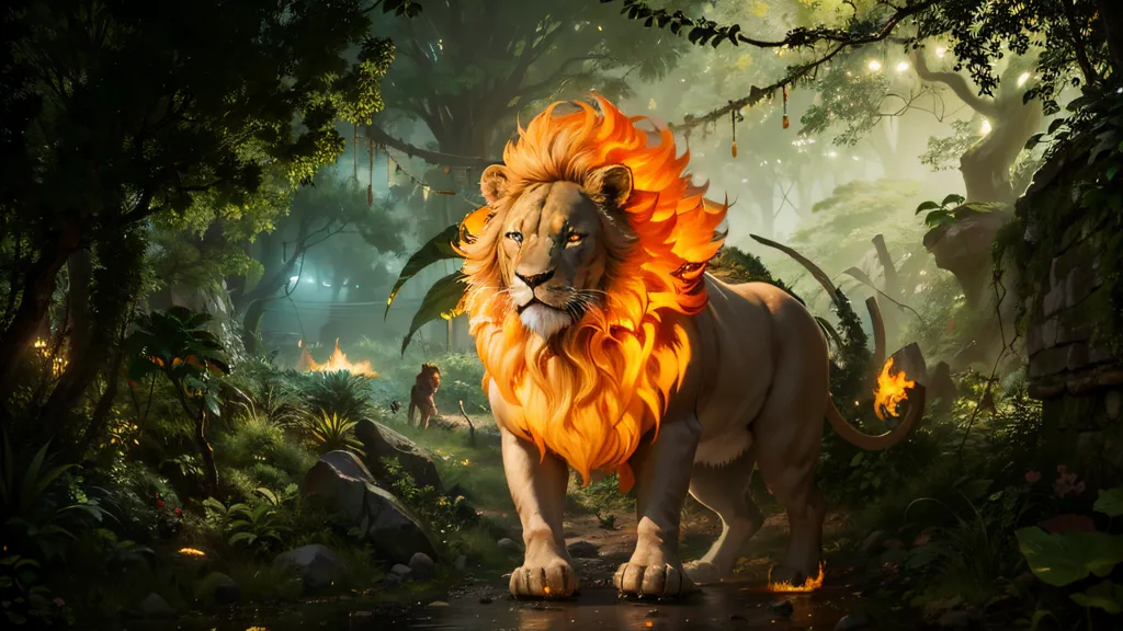 The image is a digital painting of a lion. The lion is standing in a lush forest, and is surrounded by green trees and plants. The lion has a golden mane, and its eyes are a deep blue. The lion is looking at the viewer with a calm expression. The image is very realistic, and the artist has used a variety of techniques to create a sense of depth and realism. The image is also very atmospheric, and the artist has used a variety of lighting techniques to create a sense of mood and drama.