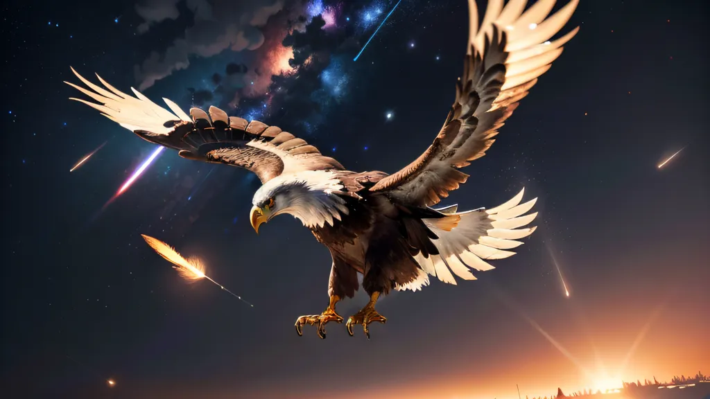 The image shows a bald eagle flying in a starry night sky. The eagle is flying towards the viewer with its wings spread wide. The stars in the background are multi-colored. There is a shooting star on the left side of the image. The eagle has a determined look on its face. The image is very detailed and realistic.