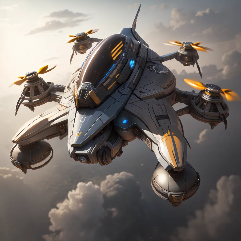 The image shows a futuristic spaceship. It is gray and yellow with four propellers. The ship is sleek and aerodynamic. It has a large cockpit in the front and a large engine in the back. The ship is also equipped with a camera. The ship is flying in a cloudy sky.