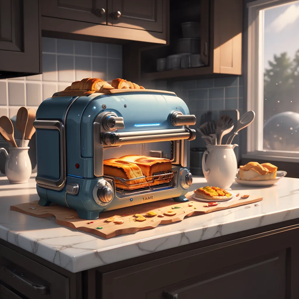 The image shows a blue toaster on a kitchen counter. The toaster has two slices of bread in it that are being toasted. There is a plate with two slices of bread on it next to the toaster. There is also a pitcher and a wooden cutting board on the counter. The background of the image shows a window and a forest. The toaster is a retro-futuristic design with blue and silver accents. The toaster has a glass window so you can see the bread as it toasts. The toaster is sitting on a white marble countertop. The kitchen counter is in front of a window. The window has a view of a forest. The forest is in the distance. The sky is blue and there are some clouds in the sky.