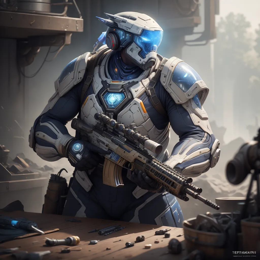 The image shows a soldier wearing a futuristic combat armor. The armor is white and blue, and it has a helmet with a visor. The soldier is also wearing a backpack and carrying a gun. The background of the image is a war zone. There are destroyed buildings and debris everywhere. The soldier is standing in front of a table with a bunch of tools on it.