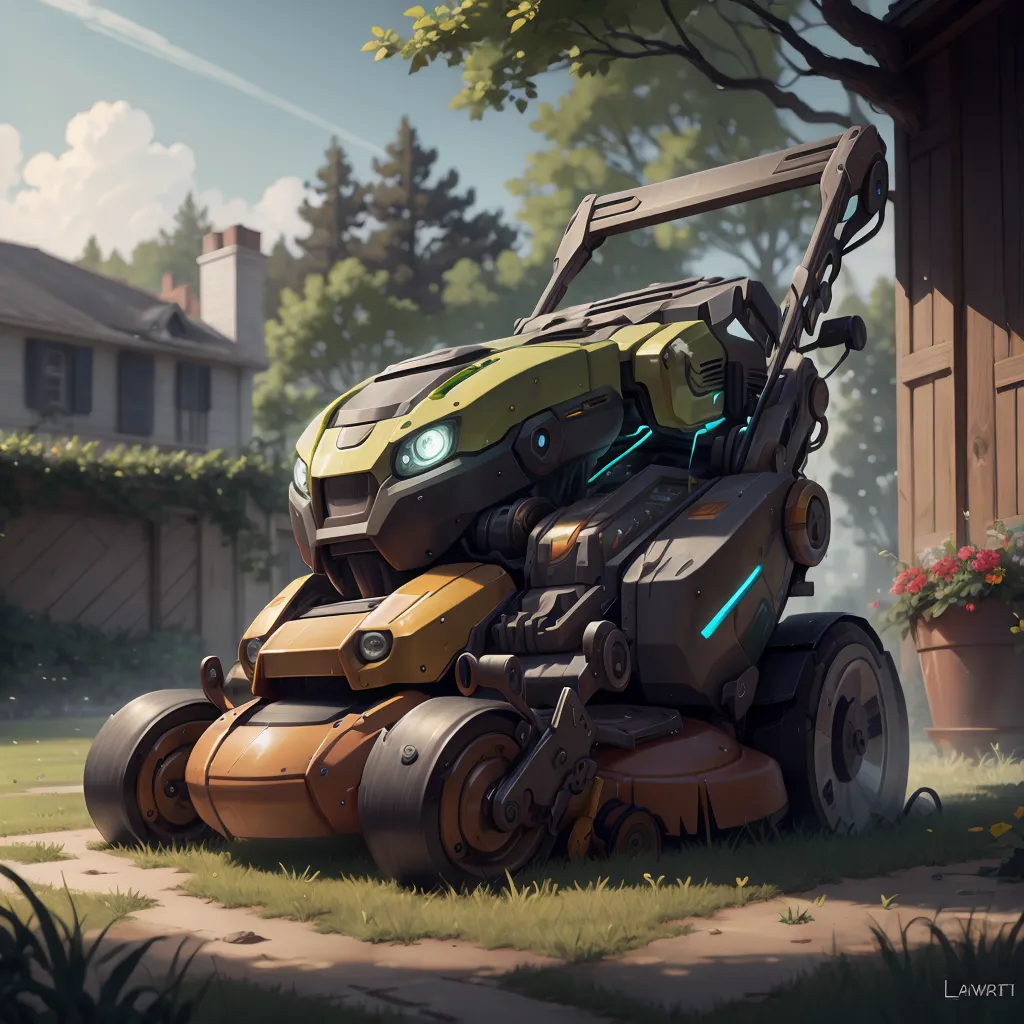 This is a futuristic lawnmower. It has a sleek design and is powered by some kind of energy source. It is mowing the lawn in a suburban neighborhood. The lawnmower is green and yellow. The lawnmower has a robotic appearance.