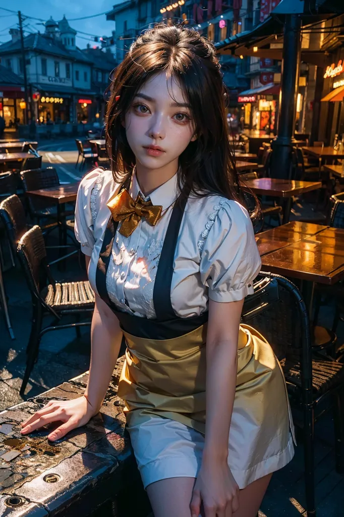 The picture shows a young woman dressed in a white blouse, a gold apron, and a black bow tie. She has long brown hair and light blue eyes. She is sitting on a table in what appears to be a restaurant. There are empty tables and chairs all around her. The background is blurry, but it looks like there are people walking around. The woman is looking at the camera with a slight smile on her face.