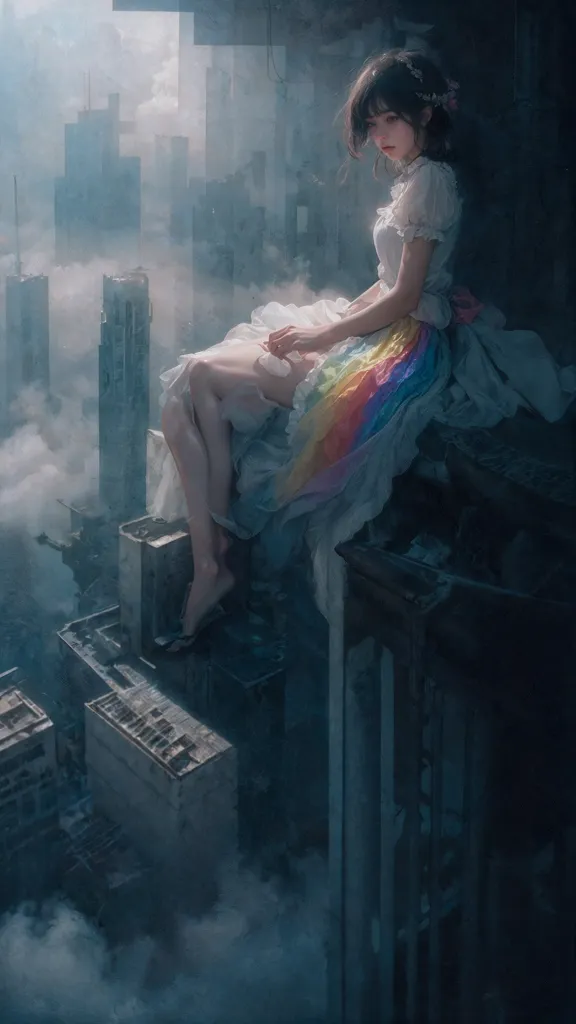 The image is a painting of a girl sitting on a rooftop. The girl is wearing a white dress with a rainbow-colored sash. She is sitting with her legs hanging off the edge of the building, with a pensive expression on her face. The background is a cityscape with tall buildings and a cloudy sky. The painting is done in a realistic style, with muted colors and soft lighting.