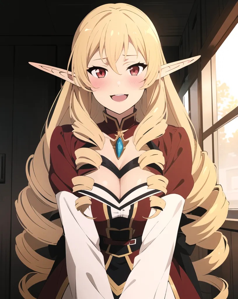 The image is of a beautiful elf woman with long, wavy blonde hair and red eyes. She is wearing a red and white dress with a white apron. She has a friendly smile on her face and is looking at the viewer with her head tilted slightly to the right. She is standing in a room with a wooden door and a window.