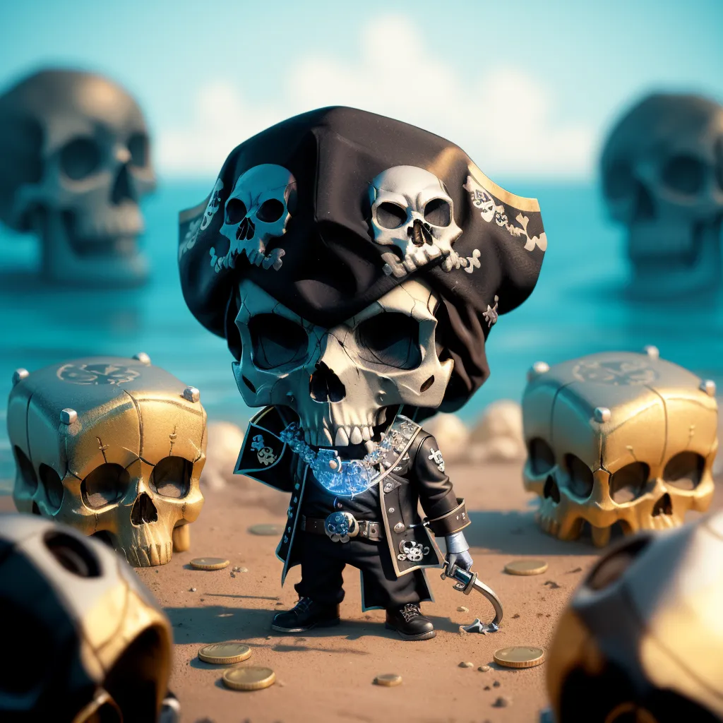 This image is of a pirate skeleton. He is wearing a black hat with a white skull and crossbones on it. He has a black coat with gold trim and a white shirt. He is also wearing a sword. He is standing on a beach surrounded by gold coins and skulls. In the background, there is a blue ocean.