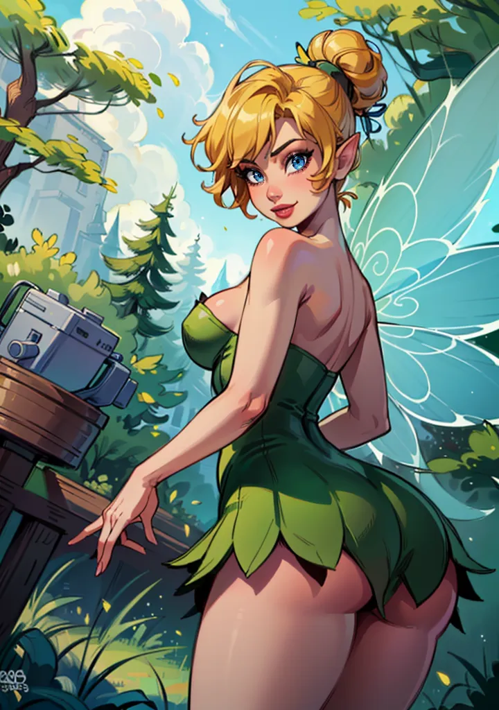 The image contains a cartoon character, Tinkerbell, from the Disney movie "Peter Pan". She is depicted as a young woman with a slender figure, wearing a green dress with a white camisole underneath. She has long blond hair tied in a ponytail, blue eyes, and small wings on her back. She is standing in a lush green forest, with a small video camera on a wooden table next to her. She has a playful expression on her face and seems to be looking at something or someone off-camera.