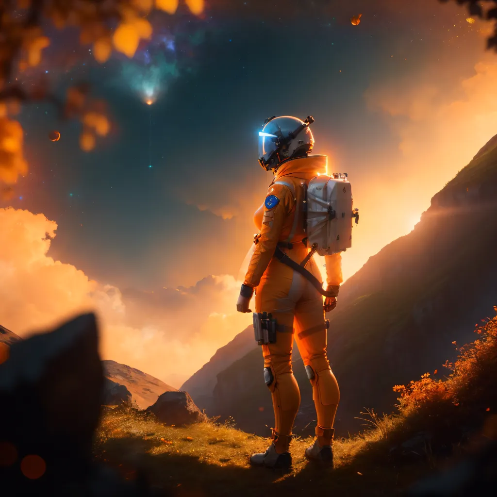 The image shows an astronaut standing on a rocky hilltop, looking out over a vast alien landscape. The astronaut is wearing a orange spacesuit with a white helmet and backpack. The landscape is mountainous, with tall, snow-capped peaks in the distance. The sky is dark, with a few stars visible. There is a bright light in the distance.