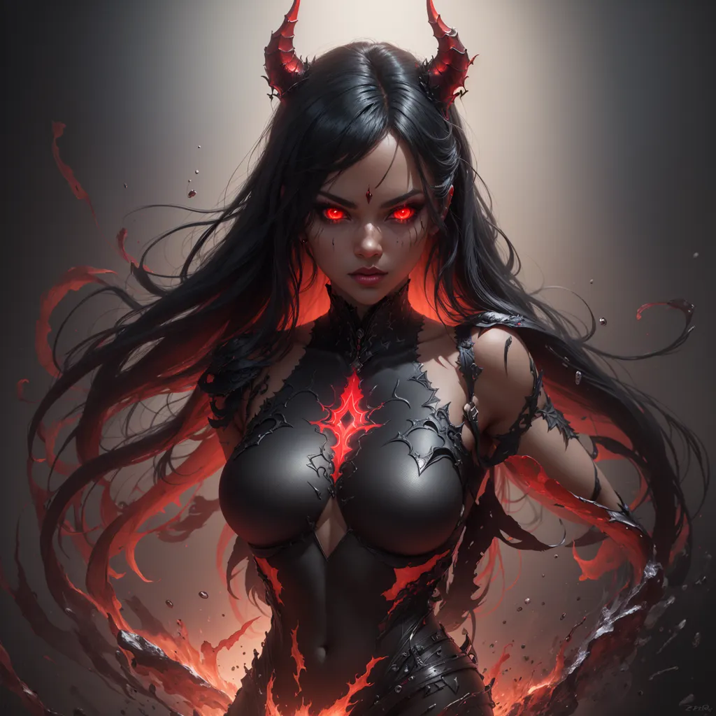 This is an image of a woman with long black hair and red eyes. She is wearing a black bodysuit with red accents. She has horns on her head and there is a red crystal embedded in her chest. She is standing in front of a dark background with a fiery red glow around her.