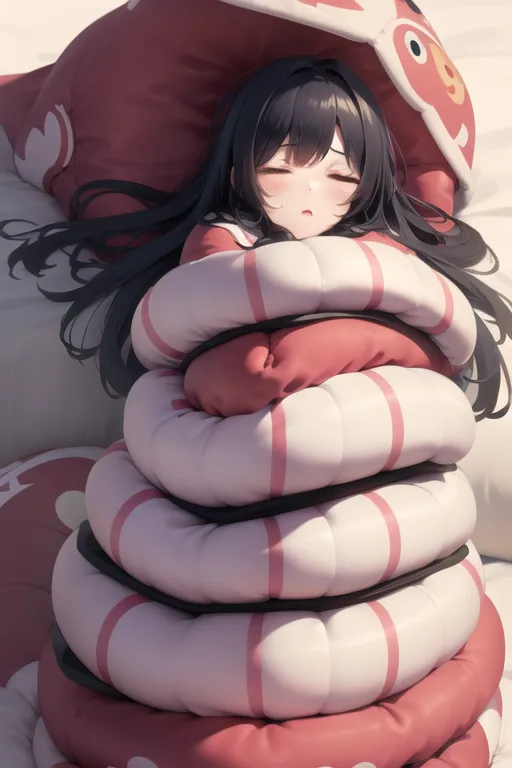 The image shows a young girl with long black hair sleeping in a pink and white snake-shaped sleeping bag. The sleeping bag is wrapped around her in a spiral, with her head resting on the snake's head. The girl's eyes are closed, and she has a peaceful expression on her face. The background is a blur of light pink.