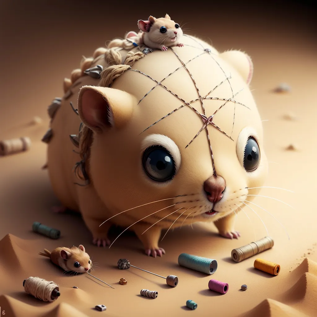 The image shows a large, light brown hamster-like creature with big round blue eyes and a pink nose. It has a smaller brown hamster on its head and another small brown hamster next to it on the ground. The large hamster has a lot of thread wrapped around its body and the small hamsters are holding spools of thread. There are also spools of thread, needles, and other sewing supplies scattered on the ground around them.