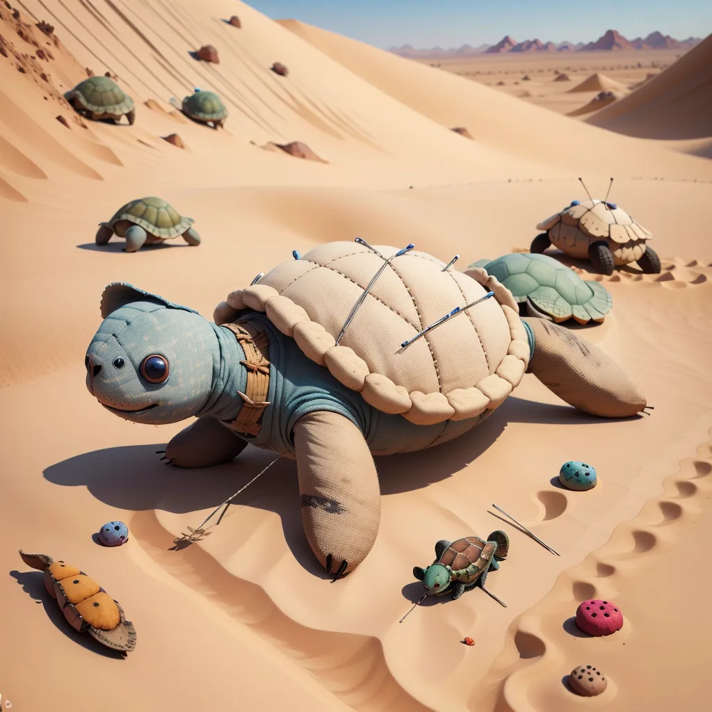 The image shows a group of stuffed animals in the desert. The stuffed animals are mostly turtles, but there is also a worm and a fish. The turtles are all different colors and sizes. Some of the turtles have wheels instead of legs. The desert is sandy and there are mountains in the background. The image is whimsical and cute.