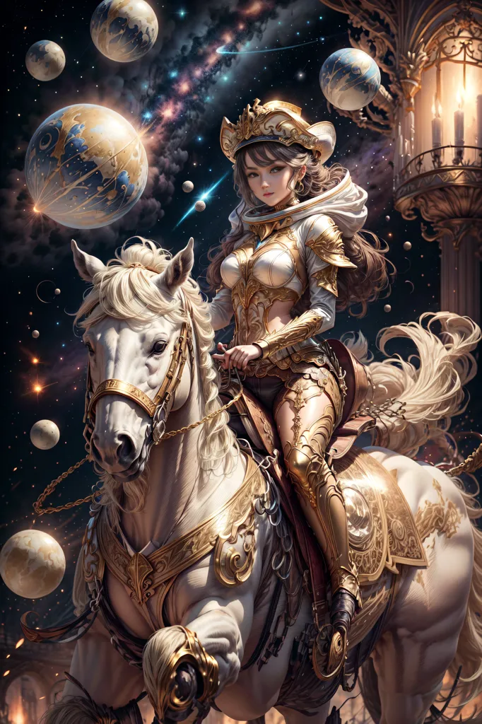 The image is of a woman riding a white horse. The woman is wearing a white and gold outfit and has long brown hair. The horse is wearing gold armor. The background is a dark sky with many stars and planets. The woman is riding towards the viewer.