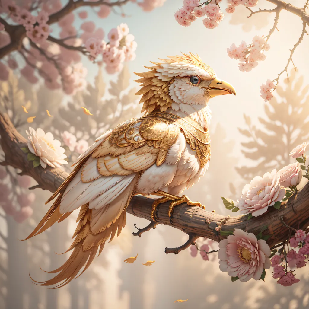 The image is of a mythical bird with white and gold feathers. The bird is perched on a branch of a tree, which is covered in pink blossoms. The bird has a crest of feathers on its head and a long, pointed beak. Its eyes are a deep blue color. The bird's body is covered in intricate patterns of gold feathers. The background of the image is a soft, blurry pink color.