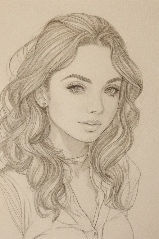 The image is a pencil drawing of a young woman. She has long, wavy hair, and her eyes are looking to the right. She is wearing a simple shirt. The drawing is done in a realistic style, and the artist has paid close attention to detail. The woman's expression is serene, and she appears to be lost in thought. The drawing is a beautiful and captures the woman's beauty and personality.