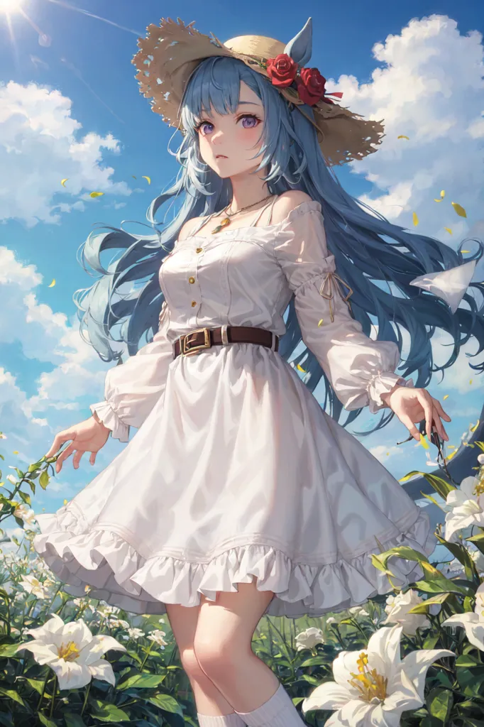 This is an image of a beautiful anime girl with long blue hair and purple eyes. She is wearing a white dress with a brown belt and a straw hat with red roses on it. She is standing in a field of white flowers and there are green leaves all around her. The sky is blue and there are white clouds in the background. She has a gentle smile on her face and she looks very happy.