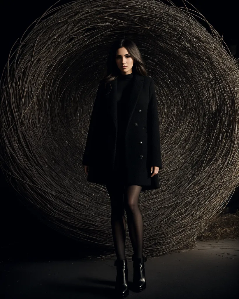 La foto muestra a una mujer joven de pie frente a una estructura de mimbre grande y redonda. La mujer lleva un vestido de cuello alto negro y botas negras. Tiene el cabello largo y oscuro, y una expresión neutra en el rostro. La estructura de mimbre es de color marrón oscuro y tiene un patrón en espiral. Está iluminada desde el interior, lo que crea un resplandor cálido alrededor de la mujer. La foto se toma desde un ángulo bajo, lo que hace que la mujer parezca más alta e imponente. El efecto general de la foto es de misterio e intriga.