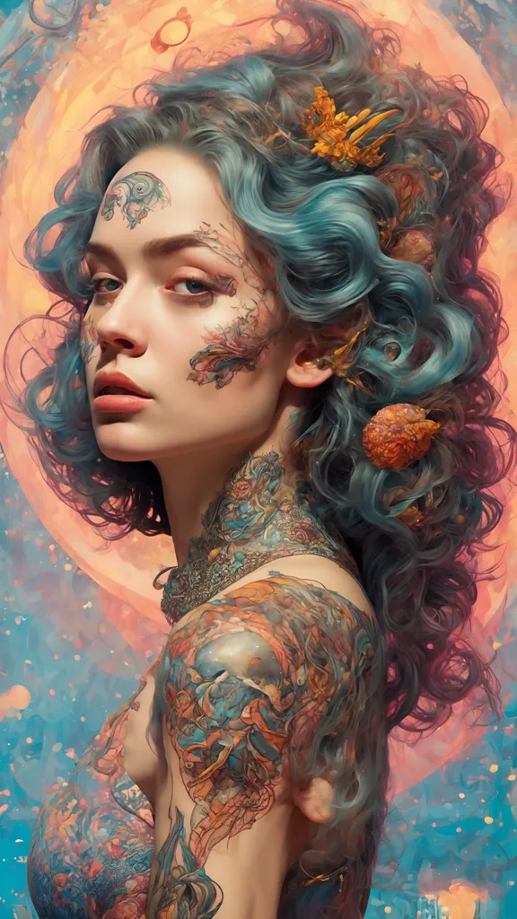 The image is a portrait of a young woman with blue hair and tattoos on her face and body. She is standing in front of a peach-colored background with a glowing white circle behind her head. The woman is wearing a necklace and has a flower in her hair. Her tattoos are intricate and colorful, and they depict various images, including a snake, a bird, and a flower. The woman's expression is serious and contemplative.