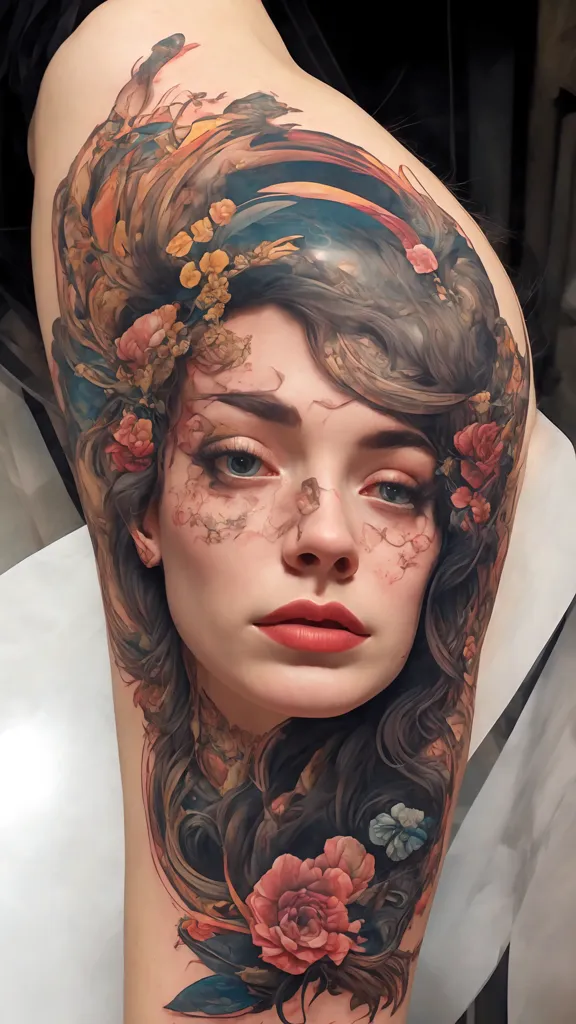 The image shows a woman's thigh with a large tattoo of a woman's face. The tattoo is very detailed and realistic, with the woman's face appearing to be looking out from the thigh. The woman in the tattoo has long, dark hair and blue eyes, and is wearing a wreath of flowers. The tattoo is surrounded by other flowers and leaves, and has a blue background.