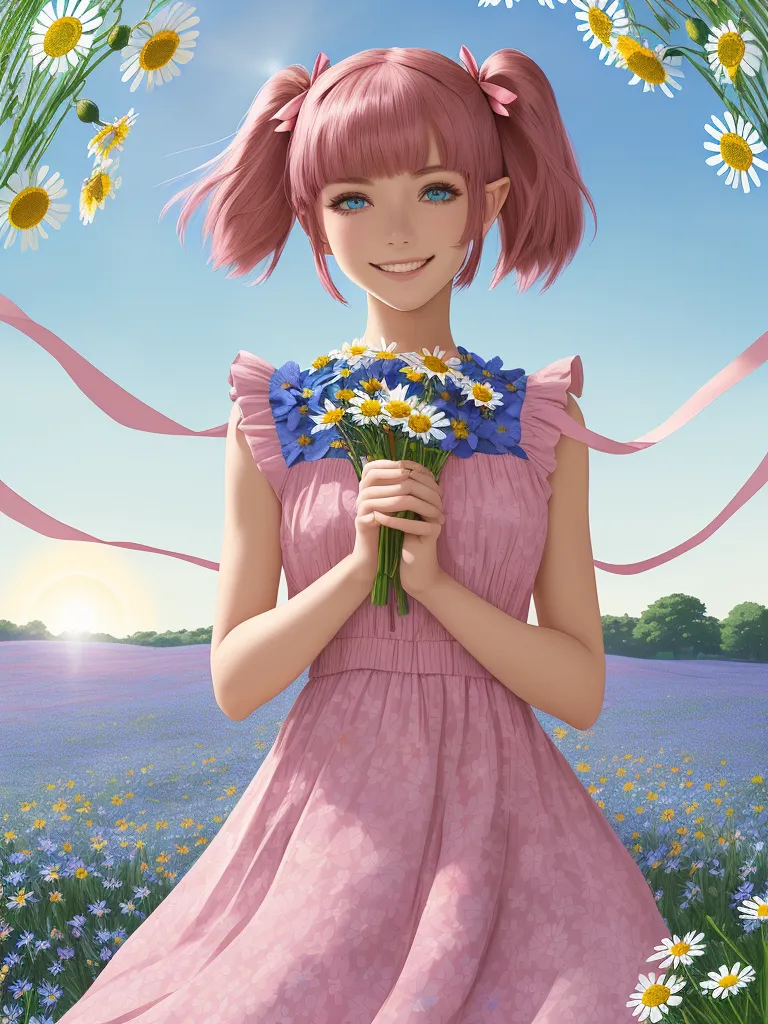 This image shows a young girl with pink hair and blue eyes. She is wearing a pink dress and is standing in a field of flowers. She is holding a bouquet of flowers and is smiling. There are white and yellow flowers in the field. The sky is blue, and there are some clouds in the sky. The sun is shining.