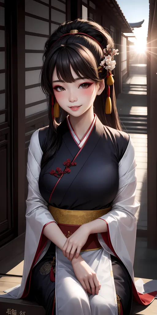 A imagem mostra uma bela jovem vestida com um quimono. Ela tem cabelos pretos longos, olhos vermelhos e um sorriso suave. Ela está sentada em um banco em um jardim japonês tradicional. O fundo está desfocado, mas parece haver árvores e flores ao fundo. A mulher está usando um quimono branco e preto com um obi vermelho e dourado. Ela também está usando sandálias japonesas tradicionais. A mulher está sentada com as mãos cruzadas no colo. Ela tem uma expressão serena no rosto. A imagem é muito pacífica e relaxante.