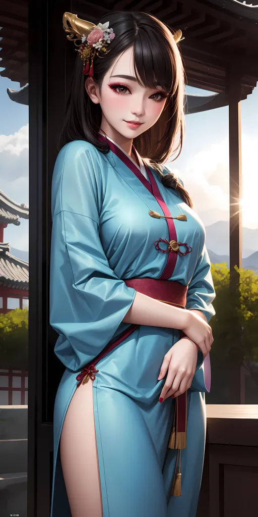 The image shows a beautiful young woman wearing a blue kimono with red and gold accents. The kimono has a high collar and is tied with a red sash. The woman's hair is long and black and is styled in a traditional Chinese way with a bun at the top of her head and long bangs that frame her face. She is also wearing traditional Chinese makeup with red eyeshadow and pink blush. The woman is standing in a traditional Chinese courtyard with a wooden railing and a view of a mountain landscape in the background.