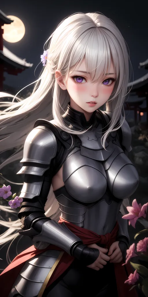 The image is a portrait of a young woman in armor. She has long white hair and purple eyes, and is wearing a silver breastplate with a red sash. She is standing in a dark place with a full moon in the background. There are some pink flowers in the foreground.