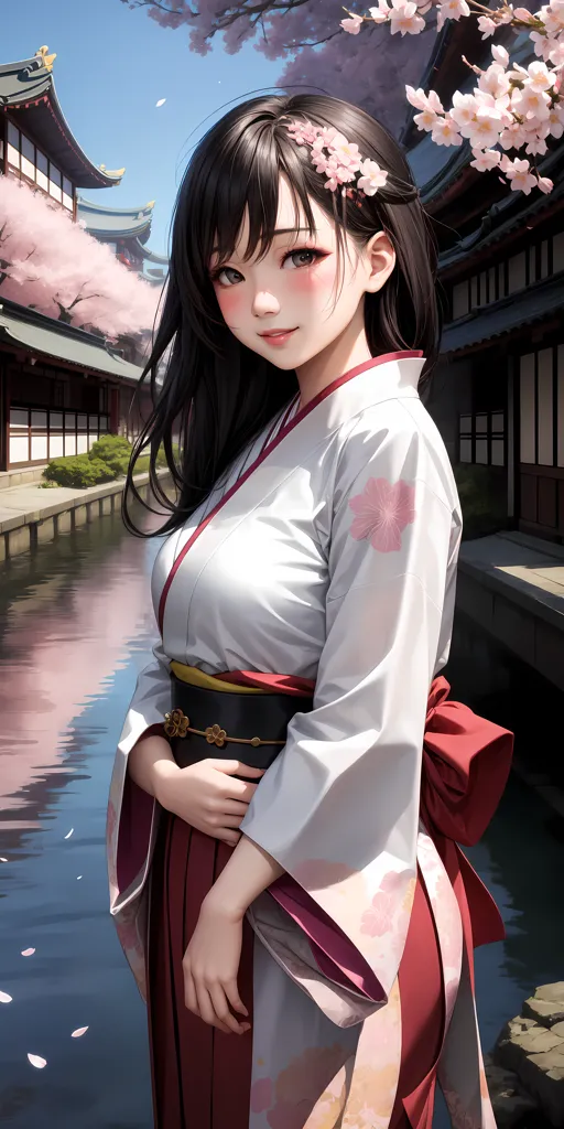 La imagen es de una mujer joven que lleva un kimono. Tiene el cabello negro y largo y ojos rosados. Hay flores de cerezo en su cabello y en el suelo a su alrededor. Está de pie en un entorno japonés tradicional, con un río al fondo y un árbol de flores de cerezo en primer plano. La imagen es pacífica y serena, y captura la belleza de la primavera japonesa.