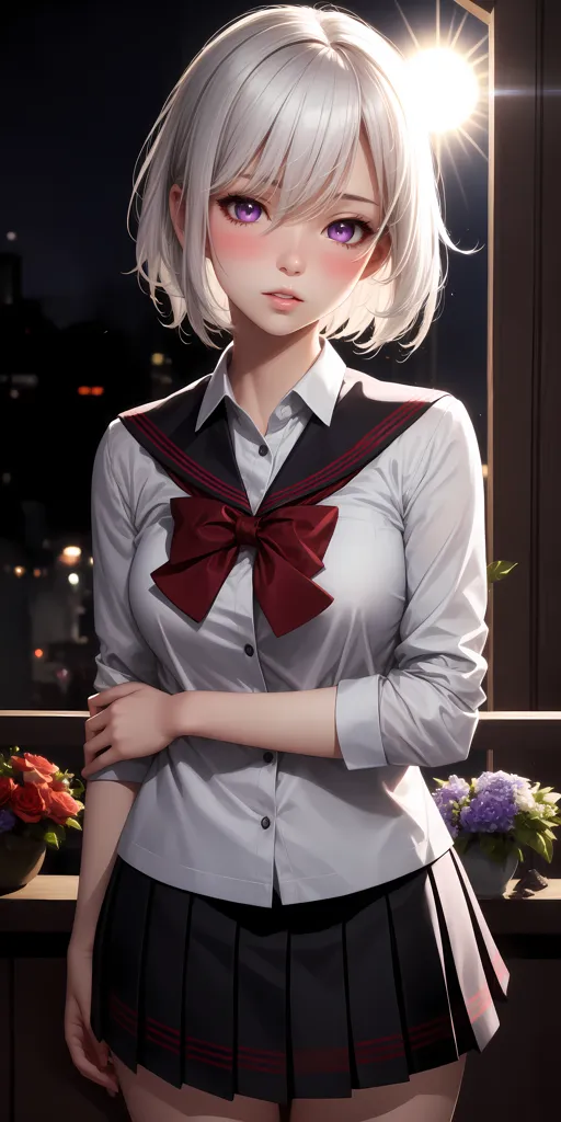 The image is a portrait of a young woman with short white hair and purple eyes. She is wearing a white shirt with a red bow, a gray skirt, and a black blazer. She is standing in front of a window, with a cityscape in the background. The light from the window is shining on her hair, making it look almost translucent. Her expression is one of calm contentment.