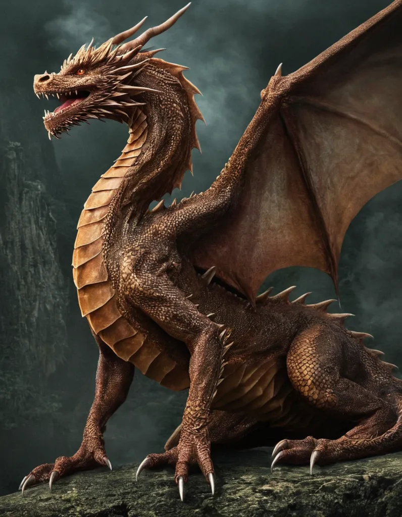 The dragon is a fearsome creature with a long, serpentine body covered in scales. It has a pair of powerful wings and a long, forked tail. Its head is狰狞的, with a large mouth full of sharp teeth. The dragon's eyes are a deep, piercing red, and they seem to glow with an inner fire. The dragon is perched on a rock, and it is looking out over a vast landscape. The sky is dark and stormy, and the clouds seem to swirl around the dragon. The dragon is a powerful and dangerous creature, and it is clear that it is not to be trifled with.