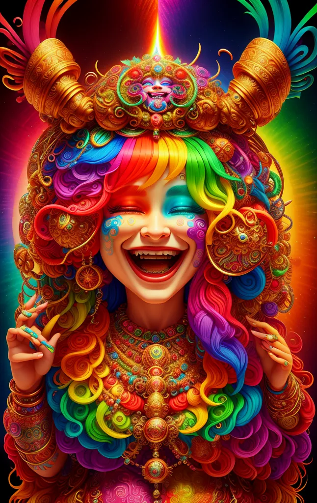 Esta imagem é uma representação de uma mulher, provavelmente uma deusa, com cabelos arco-íris brilhantes e um elaborado cocar. Ela está usando um traje colorido e intrincado e tem um grande sorriso no rosto. O fundo é um arco-íris brilhante. A imagem está cheia de cores vibrantes e tem uma atmosfera festiva.