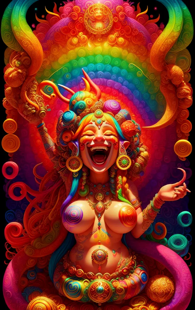 This image is of a woman with blue and green hair who is laughing with her mouth open. She is wearing a colorful headdress and has many ornaments on her body. She is sitting on a throne and there is a rainbow behind her. The background is black.