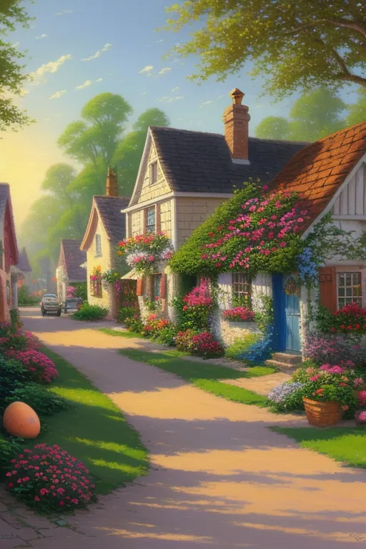 The image is a street in a small village. The street is lined with small cottages, each with a garden full of flowers. The cottages are made of stone or brick, with thatched roofs. The windows are small and have wooden shutters. The doors are painted in bright colors. The street is made of cobblestones and is lined with trees. There is a large tree in the foreground of the image, and a large pink flower bush in front of one of the cottages. The sky is blue and there are some clouds in the distance. The image is peaceful and serene.