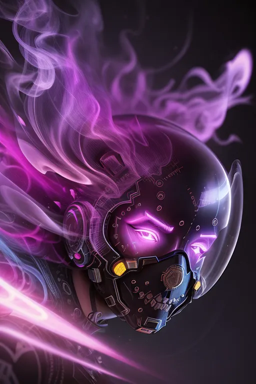 A imagem é uma ilustração escura, roxa e rosa de um crânio com um olho roxo brilhante. O crânio está usando um capacete futurista com uma viseira e tem um moicano roxo feito de fumaça. O crânio está cercado por fumaça roxa e tem uma luz rosa brilhante em seu queixo. O fundo é escuro com alguns pontos de luz.