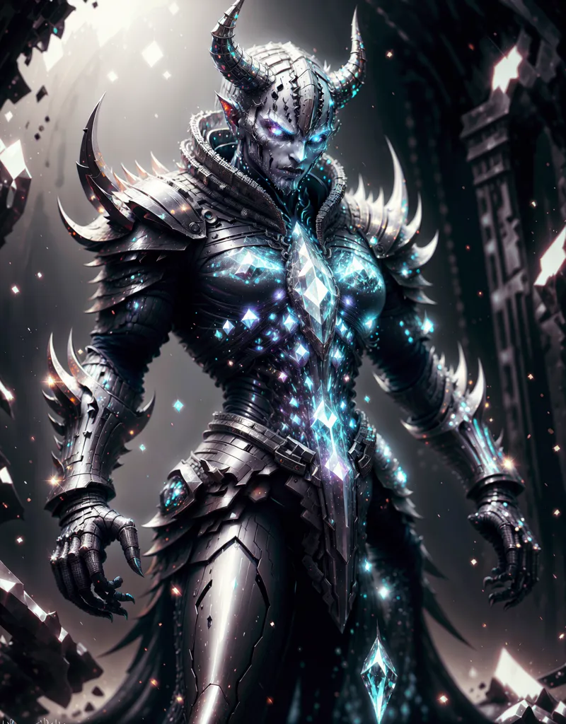 The image is of a muscular figure with dark skin and glowing white eyes. It is wearing a suit of black armor with silver and blue details. The armor has several glowing blue crystals embedded in it. The figure has a pair of horns on its head and a pair of wings on its back. The wings are made of a black, tattered material. The figure is standing in a dark room with a spotlight shining down on it.