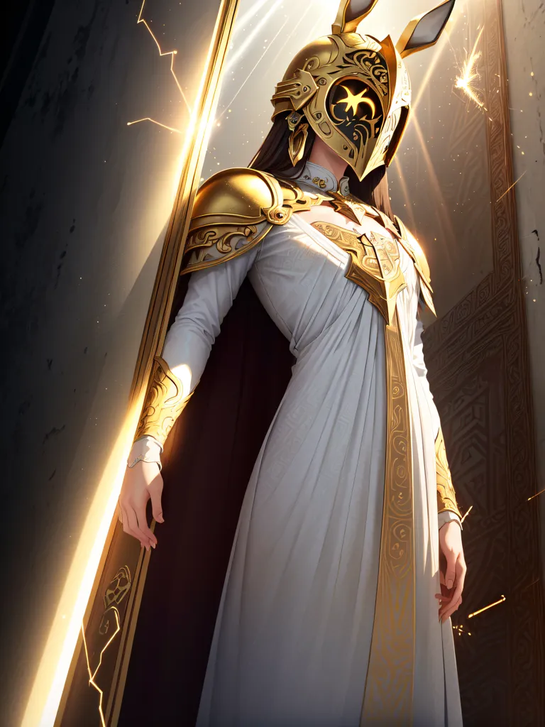 The image shows a woman wearing a white dress with gold accents. She is also wearing a gold helmet with rabbit ears. The woman is standing in front of a door that has a bright light coming from it.