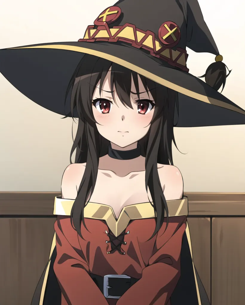 This is a picture of a young girl with long black hair and red eyes. She is wearing a black pointed hat with a red band around it and a red and gold dress with a white collar. She has a shy expression on her face and is looking down at the viewer. The background is a blurred brown, which suggests that she is in a wooden house or building.