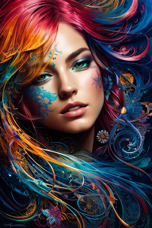 Esta imagem é uma representação de uma mulher com cabelos longos e ondulados. O cabelo é um arco-íris de cores, com tons de vermelho, laranja, amarelo, verde, azul e roxo. Os olhos da mulher são de uma cor verde profunda e sua pele é de um tom de pêssego claro. Ela está usando um adereço de cabeça floral azul e verde. O fundo é de uma cor azul escuro, com alguns destaques em azul claro e branco. A expressão da mulher é de calma e serenidade.