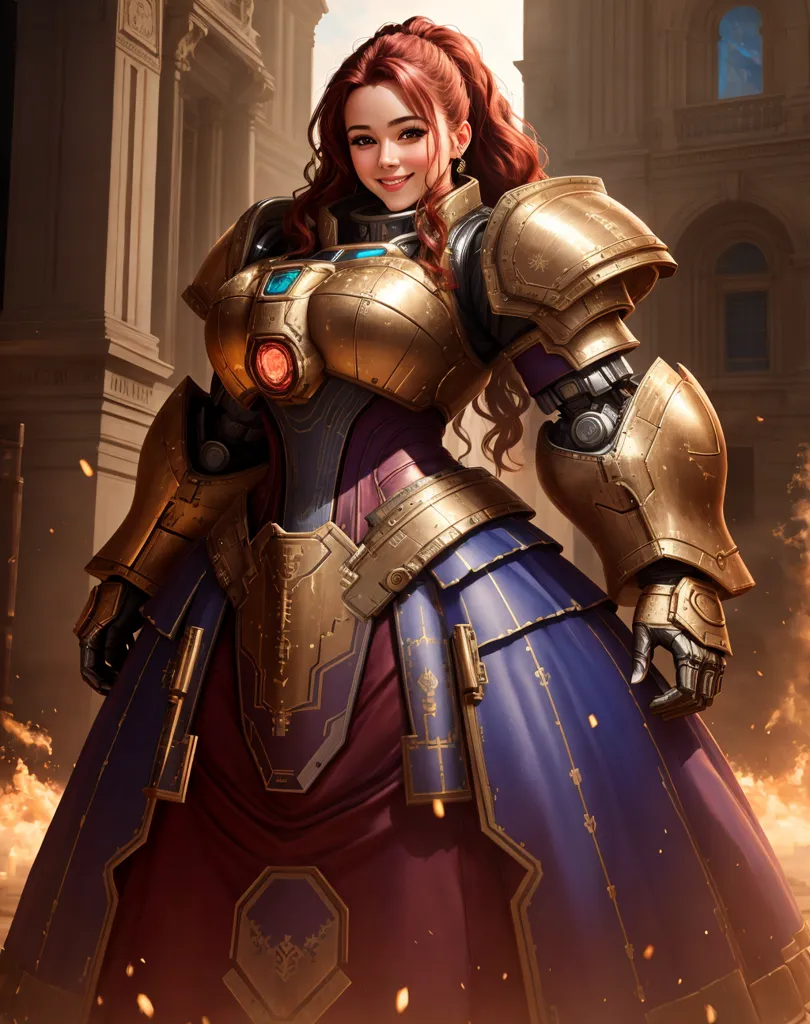 The image shows a woman in golden armor. She has long red hair and blue eyes. She is wearing a purple dress with a white camisole. The armor has red and blue details. She is standing in a grand hall with marble columns and a tiled floor. There are fires burning on either side of her.