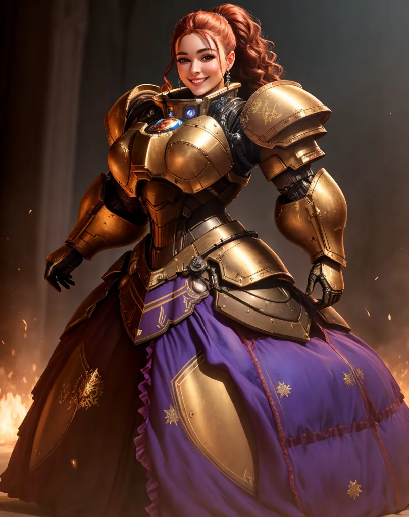 This is an image of a woman in golden armor with purple accents. She has a warm smile on her face. She is wearing a dress with armor plating on top of it. She has brown hair tied back in a ponytail. There is a fire in the background.