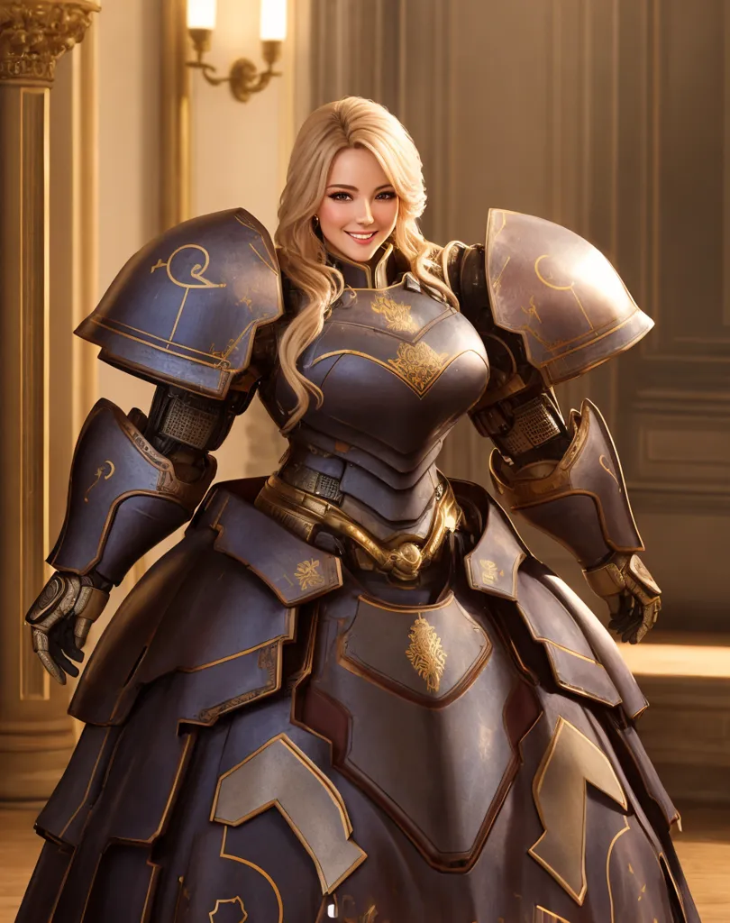 The image shows a beautiful woman with long blonde hair and blue eyes. She is wearing a suit of armor that is mostly dark grey with gold trim. The armor has intricate designs etched into it and looks to be made of metal. The woman is standing in a grand hall with marble columns and a tiled floor. There are two sconces on the walls behind her.