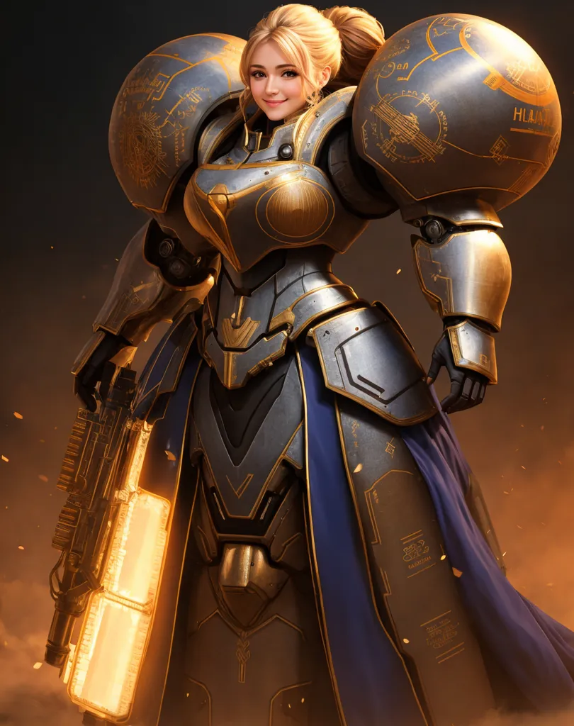 The image is of a woman wearing a suit of armor. The armor is gold and silver, and has intricate designs on it. The woman has blonde hair and blue eyes, and she is smiling. She is holding a large gun in her right hand. The background is dark, with a glowing orange light on the left side.