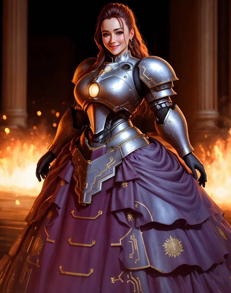 This image shows a woman wearing a silver and purple dress with armor. The dress has a sweetheart neckline and a full skirt. The armor is visible on her shoulders, chest, and arms. She is also wearing a pair of high heels. The woman is standing in front of a dark background with flames on either side. She has a confident expression on her face.