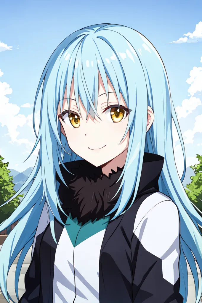 The image shows a young woman with long, light blue hair and amber eyes. She is wearing a black and white jacket with a green turtleneck sweater underneath. She has a friendly smile on her face and is looking at the viewer. The background is a blue sky with white clouds.